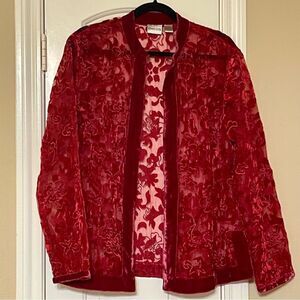 Chicos Vintage Womens Velvet Red Floral Sheer Jacket